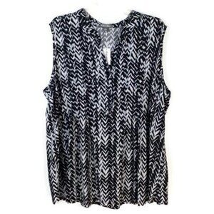 Roz & Ali Black White Print Pintucked Sleeveless Career Blouse Womens 3X